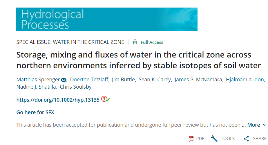 Water in the Critical Zone, Hydrological Processes, Storage, mixing and fluxes of water in the critical zone across northern environments inferred by stable isotopes of soil water, Sprenger