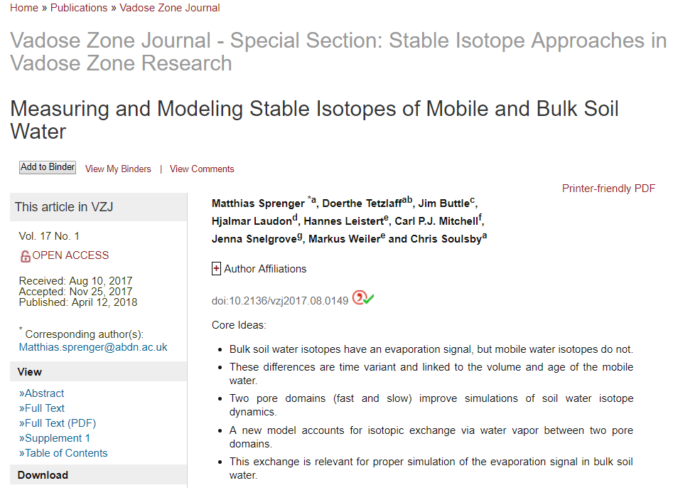 Screenshot of Publication by Matthias Sprenger and colleagues in Vadose Zone Journal on Measureing and Modeling Stable Isotopes of Mobile and Bulks Soil Water